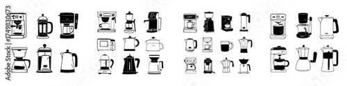 Various coffee makers and beverage brewing equipment line icons