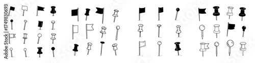 Hand drawn map pins and pushpins collection in black and white style