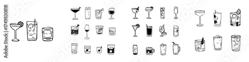 Hand drawn cocktail and beverage icons in simple black outline style
