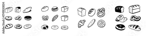 Hand drawn assortment of bakery items icons in a simple sketch style