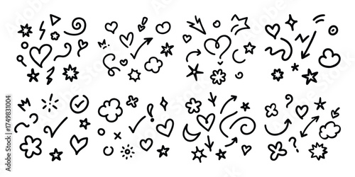 Collection of hand drawn doodle elements including hearts arrows stars flowers and swirls
