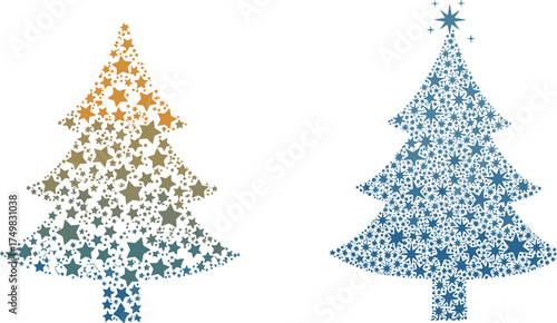 Flat vector Christmas tree made of snowflakes, festive winter design, colorful holiday decoration, seasonal celebration, sparkling star, creative silhouette art