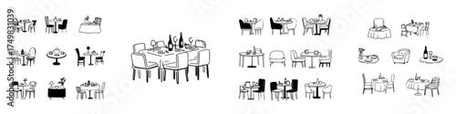 Hand-drawn cafe and restaurant table and chair seating arrangements collection
