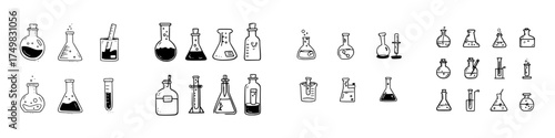 Hand drawn chemistry laboratory glassware icons and symbols collection