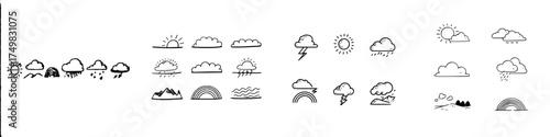 Set of hand drawn weather icons including sun, clouds, rain, and rainbow