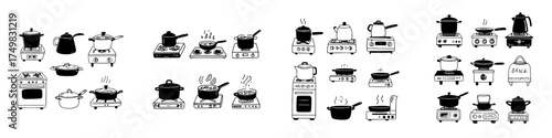 Assorted cooking pots and kettles on various stovetops and burners