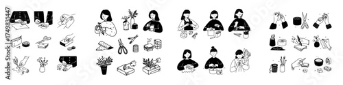 Line art icons showing floral arrangement and gift wrapping steps