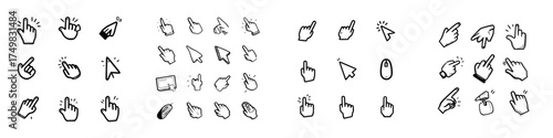 Hand drawn cursor icons set pointing finger and mouse pointer variations