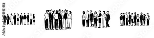 Diverse groups of people standing in lines and social clusters