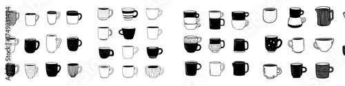 Hand drawn collection of coffee mugs and teacups in various doodle styles