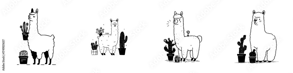 Fototapeta premium Cute cartoon llamas and alpacas posing with various potted cacti plants