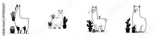 Cute cartoon llamas and alpacas posing with various potted cacti plants