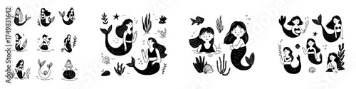 Cute hand drawn mermaid characters and various sea elements collection