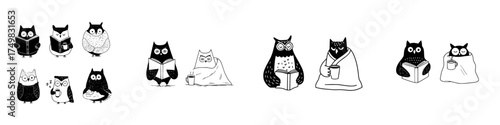 Cute owls reading books and relaxing with hot drinks