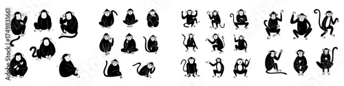 Stylized black and white monkey and chimpanzee character poses