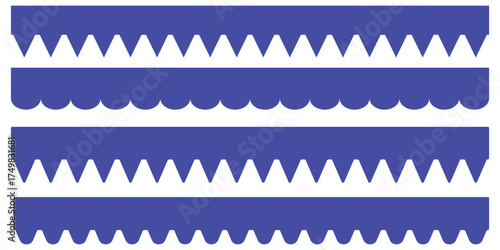 Scallop border. Scalloped edge collection. Scalloped edge seamless set. Simple scalloped border, wiggle isolated on white background. Divider vector element