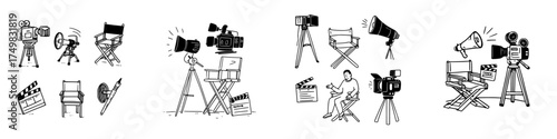 Set of film production equipment icons featuring camera and director chair