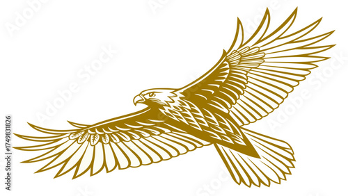 Golden bird in mid-flight, symbolising freedom and luxury against a isolated background.