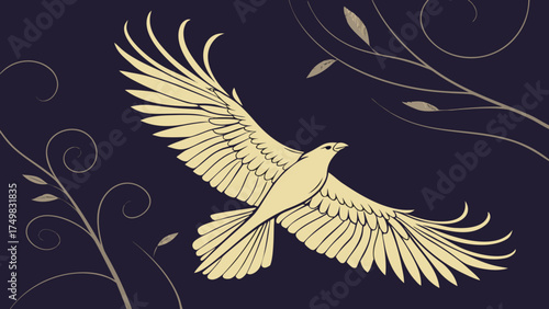 Golden bird in mid-flight, symbolising freedom and luxury against a dark background.