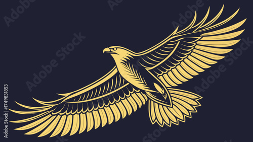 Golden bird in mid-flight, symbolising freedom and luxury against a dark background.