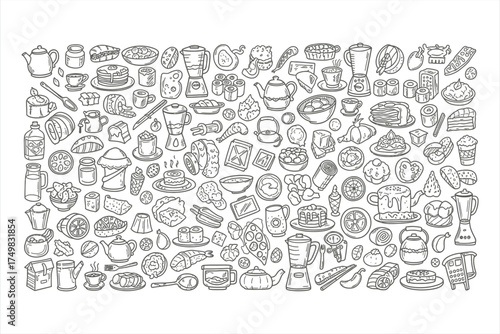 Hand drawn doodle food and drink collection with teapots and cakes illustration