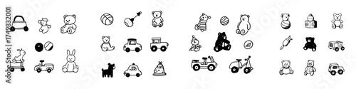 Hand drawn icons of cute baby toys and assorted stuffed animals