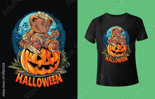 Spooky halloween teddy bear illustration with pumpkins and text presented as a t shirt design