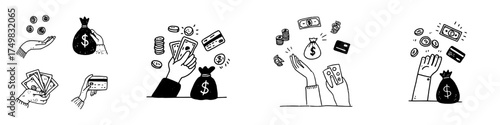 Hand gestures showing money exchange and savings financial icons