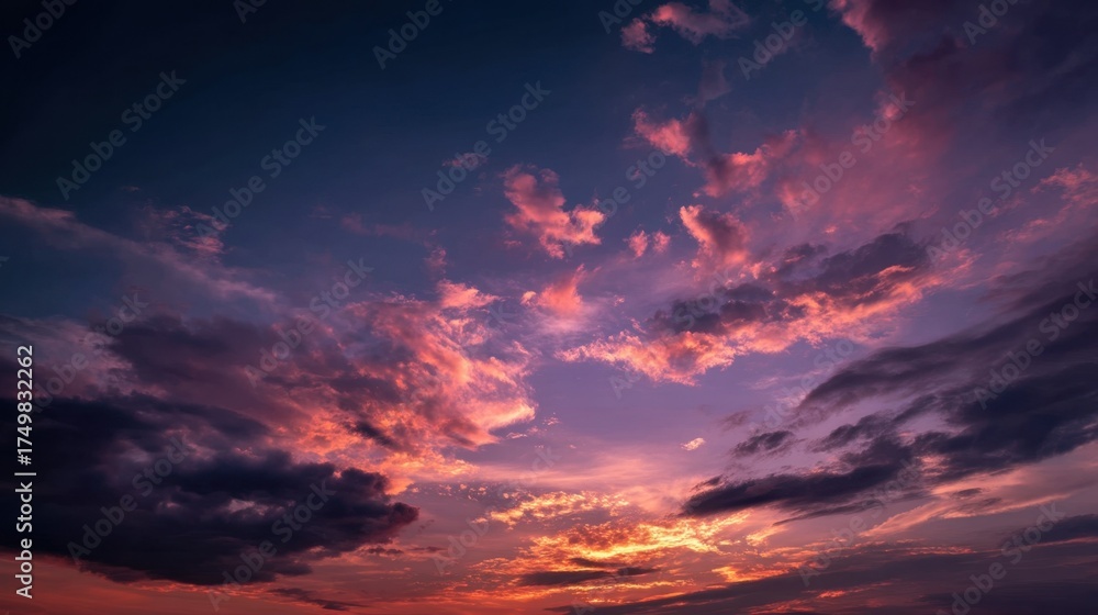 Fototapeta premium Dramatic twilight sky with colorful sunset hues and expressive clouds in deep orange, pink, gold, and blue tones.