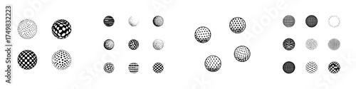 Collection of abstract geometric spheres with halftone and checkerboard patterns