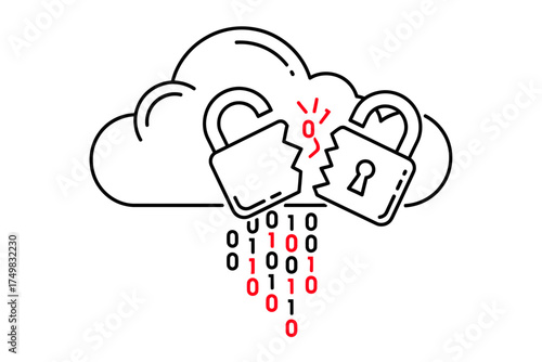 Cloud security breach and data leak concept — broken padlock with binary code vector illustration


