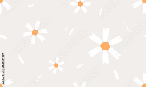 White daisy seamless pattern with warm orange centers and scattered petals on soft greige, minimalist spring vector repeat for fabric, wallpaper, gift wrap, apparel, nursery and modern home decor.