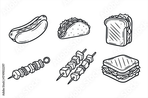 Hand drawn line art hot dog taco sandwich and skewers on white food