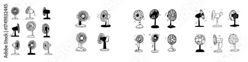 Various electric desk and pedestal fans in a simple doodle style