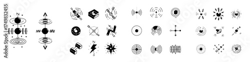 Hand drawn physics and science icons set magnetic field and wave symbols