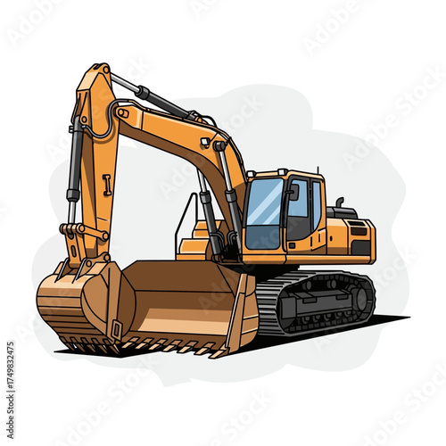 Yellow excavator working on construction site isolated on white background