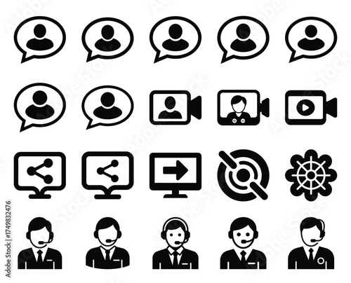 Black and White Icons Communication, Video Conferencing, Sharing, Targeting, Support Staff, Team, and Online Presence