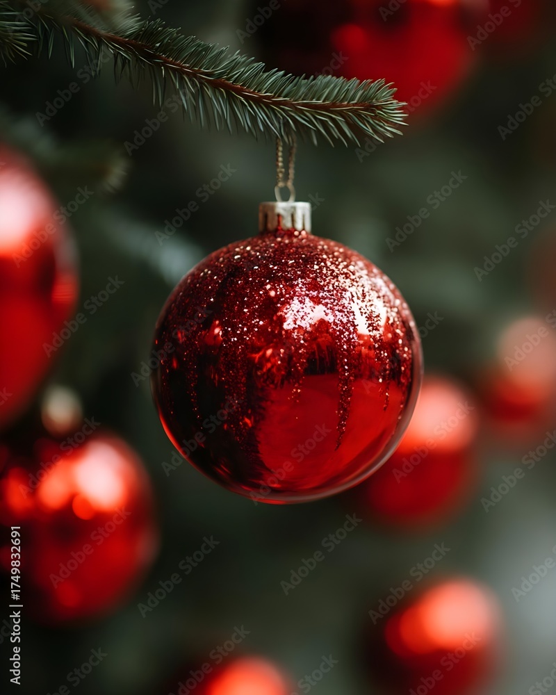 Fototapeta premium Shiny Red Christmas Ornament Hanging from a Christmas Tree Branch