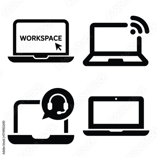 Black and White Laptop Icons Featuring Workspace, Wifi, Headset Support, and Computer Options