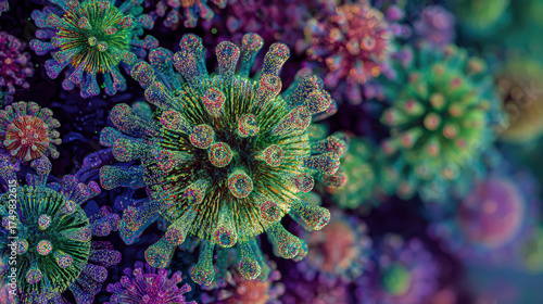 Microscopic virus particles morphing into digital glitch, symbol of modern pandemic, conceptual art