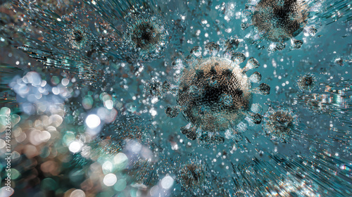 Microscopic virus particles morphing into digital glitch, symbol of modern pandemic, conceptual art