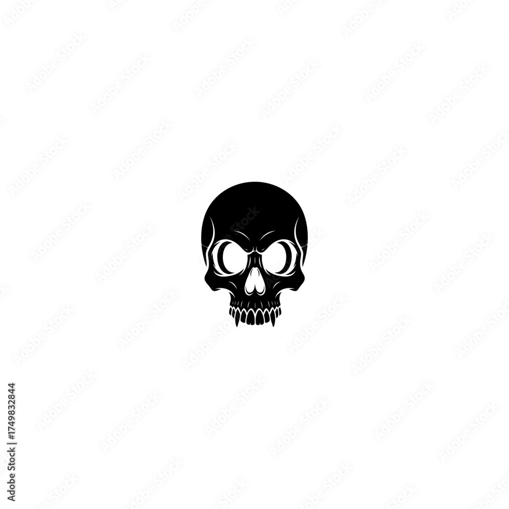 Fototapeta premium Stylized black skull with curved features on a plain white background, centered