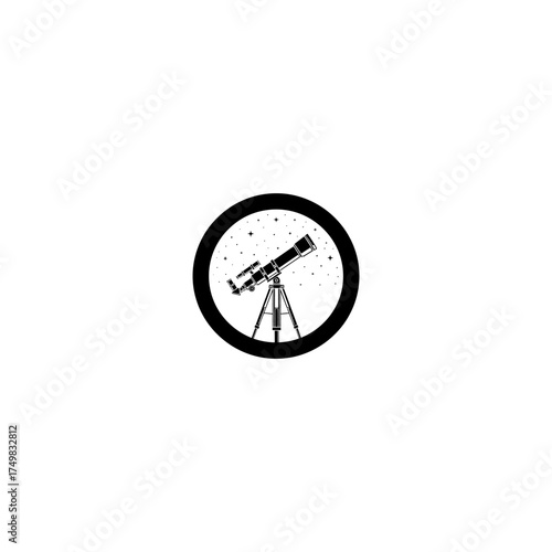 Telescope with stars on a tripod within a black circle, monochrome astronomy icon