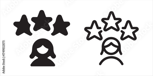 Customer satisfaction rating icon showing positive review and feedback for service or product with woman and stars, minimal design for website or app  vector illustration