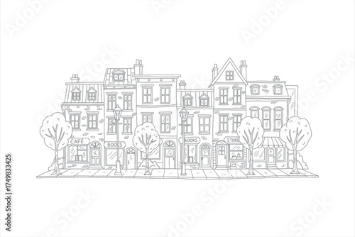 Line drawing of a quaint street with buildings cafe books store and trees line art sketch