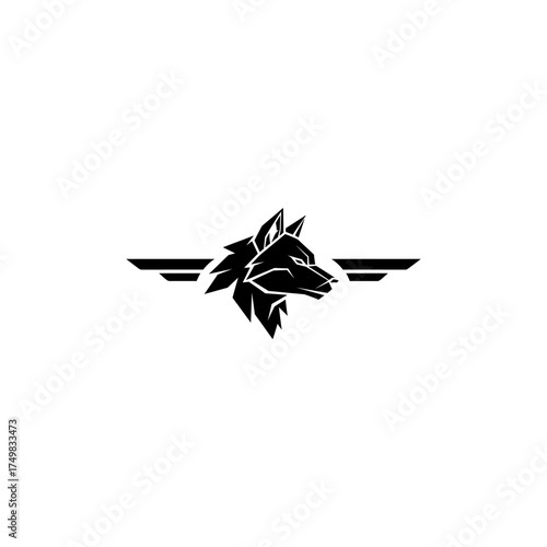 Silhouette of wolf head, profile view, flanked by wings