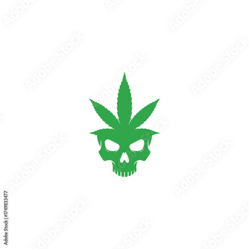 Green skull graphic with cannabis leaf above, isolated on white
