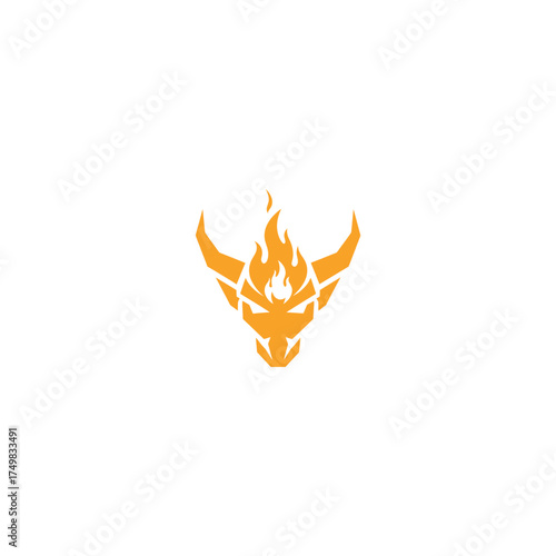 Orange stylized oni mask with flames on a white background