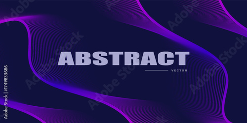 Futuristic dark abstract background with vibrant violet and pink glowing waves on a deep navy backdrop. Perfect for modern digital posters, tech presentations, or music visuals. Vector horizontal temp