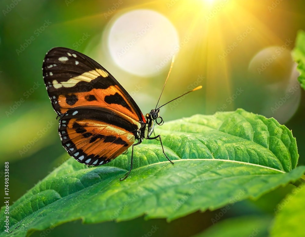 Obraz premium Orange Butterfly on Green Leaf in Sunlight.